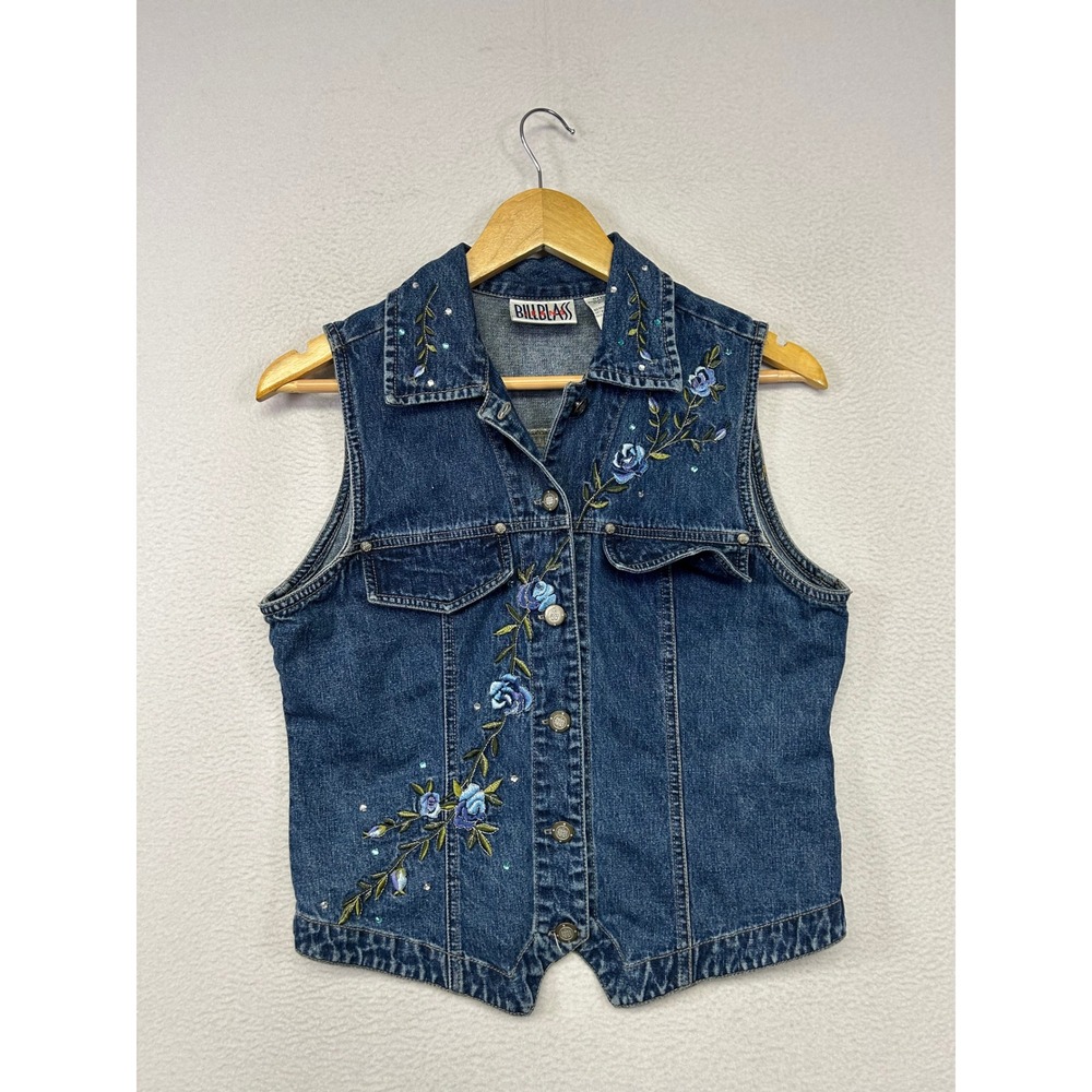 Vintage Cottagecore Bill Blass Jeans Womens Small Blue Floral Embroidered Vest